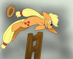 Size: 900x720 | Tagged: safe, artist:cyle, applejack, earth pony, pony, fence, jumping, newbie artist training grounds, solo