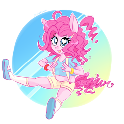 Size: 900x900 | Tagged: safe, artist:silbersternenlicht, pinkie pie, anthro, ambiguous facial structure, bracelet, clothes, midriff, shorts, solo, suspenders