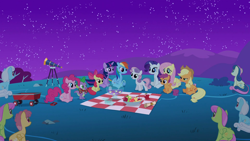 Size: 1920x1080 | Tagged: safe, derpibooru import, screencap, apple bloom, applejack, bon bon, dizzy twister, fluttershy, lemon hearts, linky, merry may, minuette, orange swirl, pinkie pie, rainbow dash, rarity, scootaloo, shoeshine, spike, sweetie belle, sweetie drops, twilight sparkle, twilight sparkle (alicorn), twinkleshine, oc, oc:keira starlight, alicorn, dragon, earth pony, pegasus, pony, unicorn, owl's well that ends well, apple, background pony, banana, bowl, bowtie, clones, cutie mark crusaders, female, food, male, mane seven, mane six, mare, night, picnic blanket, scroll, sitting, starry night, telescope