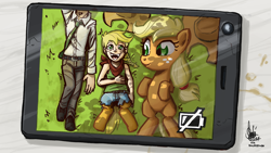 Size: 1100x619 | Tagged: safe, artist:theartrix, applejack, oc, oc:anon, oc:cinnamon cider, human, satyr, cover art, daughter, fanfic, father, mother, offspring, parent:applejack, phone