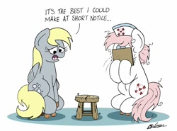 Size: 1024x757 | Tagged: safe, artist:bobthedalek, derpy hooves, nurse redheart, earth pony, pegasus, pony, clipboard, duo, faceplant, female, misunderstanding, sample, stool