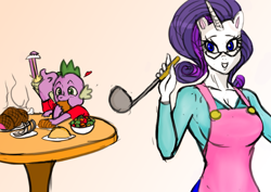 Size: 842x595 | Tagged: safe, artist:cabrony, artist:franschesco, rarity, spike, anthro, dragon, apron, clothes, eating, food, glasses, pixiv