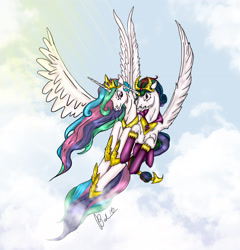 Size: 2726x2838 | Tagged: safe, artist:italysky, princess celestia, alicorn, pony, spoiler:comic, dark mirror universe, evil celestia, fight, flying, mirror universe