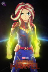 Size: 1367x2023 | Tagged: safe, artist:ngrycritic, sunset shimmer, equestria girls, armor, brazil, captain marvel, captain marvel (marvel), clothes, cosplay, costume, crossover, equestria girls logo, female, fernanda bullara, fiery shimmer, looking at you, marvel, marvel cinematic universe, poster, solo, uotapo-ish, voice actor joke