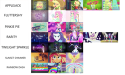Size: 1280x766 | Tagged: safe, edit, edited screencap, screencap, applejack, fluttershy, pinkie pie, rainbow dash, rarity, sci-twi, spike, spike the regular dog, sunset shimmer, twilight sparkle, dog, coinky-dink world, eqg summertime shorts, equestria girls, equestria girls series, five to nine, life is a runway, mad twience, my past is not today, run to break free, shake things up!, so much more to me, the other side, spoiler:eqg series (season 2), female, male, music video, smiling