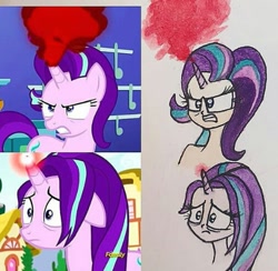 Size: 505x492 | Tagged: safe, artist:lunaart, screencap, starlight glimmer, human, pony, unicorn, all bottled up, anger magic, angry, horn, horned humanization, humanized, magic, scene interpretation, screencap reference, traditional art