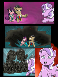 Size: 780x1025 | Tagged: safe, artist:kingshisa08, derpibooru import, diamond tiara, filthy rich, king sombra, spoiled rich, pony, umbrum, unicorn, comic, petrification, shadow, spoilthy, statue