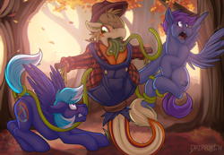 Size: 2500x1729 | Tagged: safe, artist:dripponi, derpibooru import, oc, oc:non toxic, oc:noxy, oc:windy dripper, monster pony, original species, pegasus, pony, tatzlpony, autumn, behaving like a bird, cute, forest, gay, halloween, holiday, leaves, male, nightmare night, noxydrip, oc x oc, scarecrow, scared, shipping, tentacles, tree