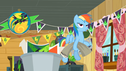 Size: 1920x1080 | Tagged: safe, derpibooru import, screencap, rainbow dash, pegasus, pony, the washouts (episode), clubhouse, crusaders clubhouse, lidded eyes, paper, solo