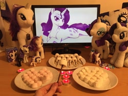 Size: 3264x2448 | Tagged: safe, rarity, pony, unicorn, 4de, brushable, commonity, female, food, funko mystery minis, irl, mare, marshmallow, monitor, much rarity, multeity, photo, plushie, shrine, toy, waifu dinner