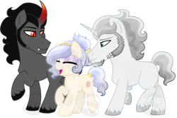 Size: 1024x680 | Tagged: safe, artist:tambelon, derpibooru import, king sombra, oc, oc only, oc:opalescent pearl, oc:prince topaz, crystal pony, pony, unicorn, canon x oc, female, jewelry, male, mare, oc x oc, shipping, sombralescent, stallion, topalescent, watermark