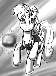 Size: 669x900 | Tagged: safe, artist:mew, allie way, pony, unicorn, abstract background, bowling ball, female, glowing horn, magic, mare, monochrome, solo, tail wrap, telekinesis, tongue out