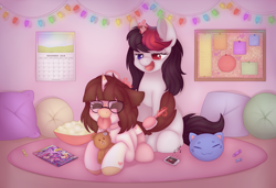 Size: 3382x2320 | Tagged: safe, artist:adostume, oc, oc only, oc:adostume, oc:heinrich hirsch, pony, unicorn, my little pony: the movie, broken horn, candy, clothes, cute, female, food, glasses, hairbrush, heterochromia, horn, magazine, magazine cover, magic, mare, music, music notes, pillow, popcorn, rule 63, stockings, thigh highs, tongue out