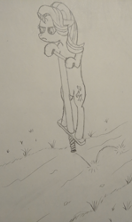 Size: 2442x4093 | Tagged: safe, artist:pianocube, starlight glimmer, pony, atg 2020, monochrome, newbie artist training grounds, pencil drawing, pogo stick, solo, traditional art, unamused