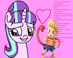 Size: 1282x1024 | Tagged: safe, cascada, starlight glimmer, pony, unicorn, 1000 hours in ms paint, blushing, crack shipping, crossover, crossover shipping, everytime we touch, female, lucas, lucasglimmer, mare, mother 3, mother series, pink background, shipping, simple background