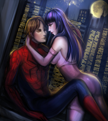 Size: 843x948 | Tagged: safe, artist:sangrde, derpibooru import, twilight sparkle, human, amethyst sorceress, clothes, costume, crossover, crossover shipping, eye contact, hug, humanized, peter parker, shipping, smiling, spider-man, spiders and magic: rise of spider-mane, spidertwi