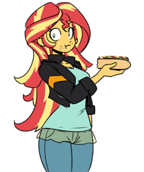 Size: 719x862 | Tagged: safe, artist:reiduran, sunset shimmer, human, equestria girls, :t, clothes, cute, eating, female, food, hot dog, jeans, meat, no pupils, pants, sausage, shimmerbetes, simple background, solo, white background