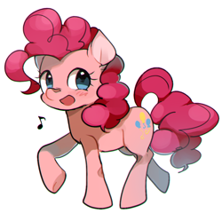 Size: 626x600 | Tagged: safe, artist:aoringo, pinkie pie, earth pony, pony, blushing, cute, diapinkes, music notes, open mouth, pixiv, simple background, smiling pinkie pie tolts left, solo, white background