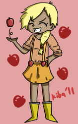 Size: 400x637 | Tagged: safe, artist:maareep, applejack, apple, clothes, dark skin, galoshes, grin, humanized, simple background, skirt, solo