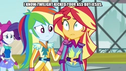 Size: 800x450 | Tagged: safe, edit, edited screencap, screencap, rainbow dash, rarity, sunset shimmer, twilight sparkle, equestria girls, friendship games, caption, female, image macro, text