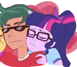 Size: 711x622 | Tagged: safe, artist:heavenlysasha, sci-twi, sunset shimmer, timber spruce, twilight sparkle, equestria girls, legend of everfree, camp everfree outfits, cropped, female, glasses, male, offscreen character, shipping, straight, timbertwi