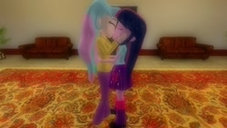 Size: 1360x768 | Tagged: safe, artist:mk513, princess celestia, principal celestia, twilight sparkle, twilight sparkle (alicorn), alicorn, equestria girls, 3d, female, gmod, kissing, lesbian, shipping, twilestia