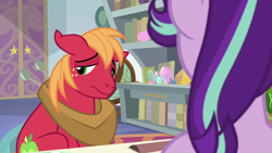 Size: 1920x1080 | Tagged: safe, screencap, big macintosh, starlight glimmer, earth pony, unicorn, a horse shoe-in, bookshelf, embarrassed, female, floppy ears, freckles, frown, lidded eyes, male, mare, multicolored mane, offscreen character, sitting, stallion, starlight's office