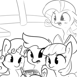 Size: 1280x1280 | Tagged: safe, artist:tjpones, apple bloom, rarity, scootaloo, sweetie belle, earth pony, pegasus, pony, unicorn, black and white, blushing, book, cutie mark crusaders, floppy ears, grayscale, missing horn, monochrome, open mouth, simple background, this will end in tears and/or death and/or covered in tree sap, tongue out, varying degrees of want, white background