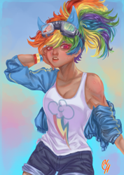 Size: 2878x4067 | Tagged: safe, artist:coconuthound, derpibooru import, rainbow dash, human, armpits, breasts, clothes, dark skin, female, glasses, goggles, humanized, jacket, kotobukiya, kotobukiya rainbow dash, looking at you, sky, solo, tanktop