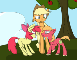 Size: 2564x1988 | Tagged: safe, artist:violetandblaire, apple bloom, applejack, big macintosh, earth pony, pony, age regression, apple siblings, colt, male, stallion