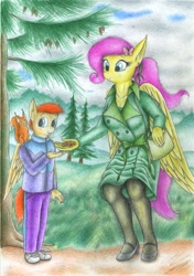 Size: 1631x2319 | Tagged: safe, artist:sinaherib, fluttershy, oc, oc:summer wind, anthro, squirrel, breasts, cleavage, female, offspring, parent:big macintosh, parent:fluttershy, parents:fluttermac, traditional art