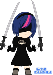 Size: 797x1115 | Tagged: safe, artist:anime-equestria, twilight sparkle, human, 2b, clothes, dress, hairband, human coloration, humanized, katana, nier: automata, simple background, skirt, solo, stockings, sword, thigh highs, transparent background, visor, weapon