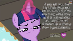 Size: 854x475 | Tagged: safe, derpibooru import, screencap, twilight sparkle, twilight sparkle (alicorn), alicorn, pony, app, dictator, dictatorship, economics, frown, gameloft, glowing horn, hub logo, hyperinflation, insane pony thread, skeptical, solo, tropico