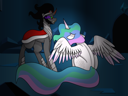 Size: 1600x1200 | Tagged: safe, artist:midnight-drip, derpibooru import, king sombra, princess celestia, alicorn, pony, sitting, spread wings, wings