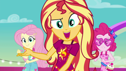 Size: 1280x720 | Tagged: safe, screencap, fluttershy, pinkie pie, sunset shimmer, better together, equestria girls, i'm on a yacht, geode of fauna, geode of sugar bombs, magical geodes, trio