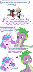 Size: 1000x2142 | Tagged: safe, artist:redeyesblind, artist:root, derpibooru import, king sombra, princess flurry heart, spike, dragon, pony, unicorn, broken horn, circling stars, comic, conical hat, descriptive noise, hat, kung fu panda, meme, nervous, older, staff, uncle and niece, uncle spike