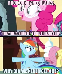 Size: 500x595 | Tagged: safe, derpibooru import, edit, edited screencap, screencap, fluttershy, pinkie pie, rainbow dash, earth pony, pegasus, pony, maud pie (episode), caption, comic, confused, female, ice cream cone, image macro, impact font, mare, rock candy, rock candy necklace, safety goggles, screencap comic, smiling, stuffed, tail, text, wings