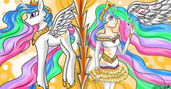 Size: 1024x531 | Tagged: safe, artist:n1colle97, princess celestia, human, clothes, dress, horned humanization, humanized, winged humanization