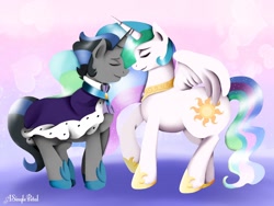 Size: 1024x768 | Tagged: safe, artist:asinglepetal, derpibooru import, king sombra, princess celestia, alicorn, pony, celestibra, eyes closed, female, good king sombra, horns are touching, male, mare, redraw, shipping, straight