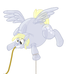 Size: 2508x2820 | Tagged: safe, artist:sixes&sevens, derpy hooves, balloonie pony, inflatable pony, original species, pegasus, female, forced smile, inanimate tf, inflatable, inflation, mare, rope, simple background, smiling, transformation, transparent background
