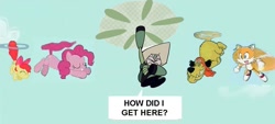 Size: 1183x537 | Tagged: safe, apple bloom, pinkie pie, earth pony, pony, amending fences, applecopter, crossover, flying, hanna barbera, meme, miles "tails" prower, muttley, needs more jpeg, peridot (steven universe), pinkie being pinkie, pinkie physics, pinkiecopter, sonic the hedgehog (series), steven universe, tailcopter, wacky races