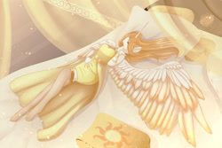Size: 1600x1068 | Tagged: safe, artist:elektra-gertly, daybreaker, alicorn, anthro, unguligrade anthro, beautiful, bed, bedroom, clothes, colored wings, colored wingtips, dress, dust motes, ear fluff, eyes closed, female, light, mare, nightgown, on back, pillow, smiling, socks, solo, sparkles, spread wings, stockings, thigh highs, wing fluff, wings