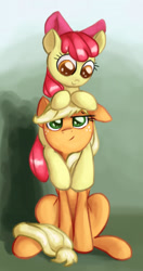 Size: 1238x2338 | Tagged: safe, artist:impcjcaesar, apple bloom, applejack, earth pony, pony, adorable face, cute, freckles, pony hat, sisters, sitting