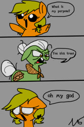 Size: 426x640 | Tagged: safe, artist:mushroomcookiebear, applejack, granny smith, earth pony, pony, comic, dialogue, filly, filly applejack, foal, rick and morty, something ricked this way comes