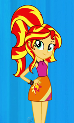 Size: 648x1076 | Tagged: safe, artist:dippygamer64, artist:obriannakenobi, sunset shimmer, equestria girls, base used, blue background, bracelet, clothes, cute, dress, female, hands on hip, high ponytail, jewelry, ponytail, pretty, shimmerbetes, simple background, smiling, solo