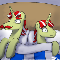 Size: 900x900 | Tagged: safe, artist:johnjoseco, flam, flim, pony, unicorn, bed, duo, duo male, implied incest, male, morning ponies, now you fucked up, pillow, stallion