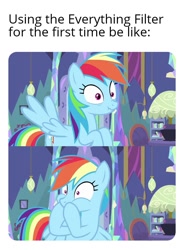 Size: 704x954 | Tagged: safe, derpibooru import, edit, edited screencap, screencap, rainbow dash, pegasus, pony, ail-icorn, spoiler:interseason shorts, caption, disgusted, image macro, implied vomit, low effort, meme, meta, oh no, omg, shocked, solo, text