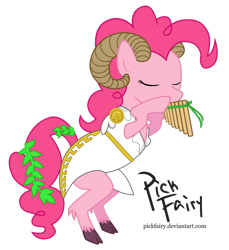 Size: 1024x1118 | Tagged: safe, artist:pickfairy, pinkie pie, earth pony, goat, pony, satyr, clothes, dress, eyes closed, faun, fusion, greek, greek mythology, hooves, horns, laurel, musical instrument, pan (god), pan flute, ram horns, solo, toga