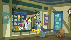 Size: 1280x720 | Tagged: safe, screencap, derpy hooves, gabby, griffon, pegasus, pony, dragon dropped, claws, clock, clothes, confused, duo, female, folded wings, frown, hat, mare, package, post office, raised eyebrow, talons, uniform, wings