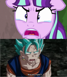 Size: 968x1108 | Tagged: safe, edit, edited screencap, screencap, starlight glimmer, pony, unicorn, the cutie re-mark, crying, dragon ball, dragon ball super, floppy ears, super saiyan blue, uvula, vegito